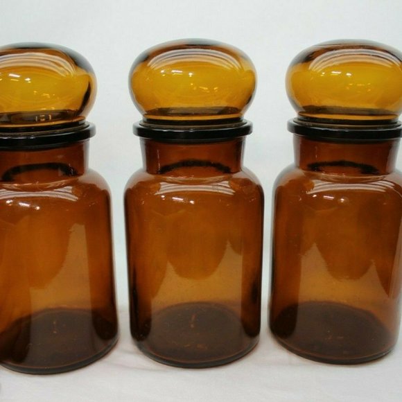 Set Of 3 Vintage Amber Glass Apothecary Jars With Ball Lids Made In Belgium